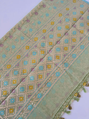 Organza & Cotton Patola Saree from Banaras | Light Pistachio Green | Gold Zari | Handwoven | Ships from California